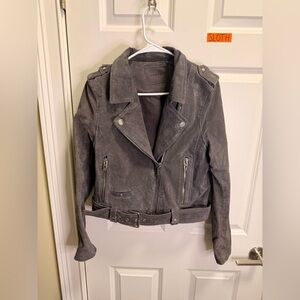 Gray Suede Moto Jacket with Belt